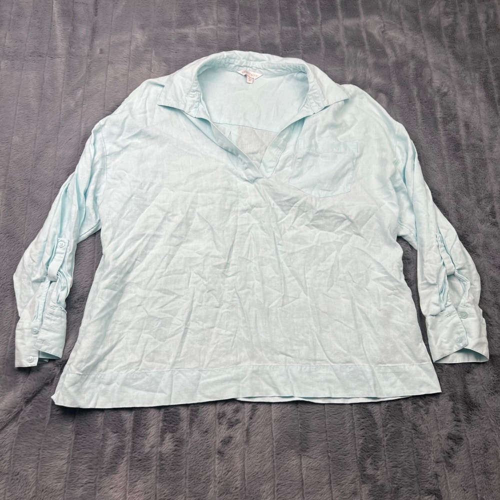 Crown & Ivy Womens 2X Light Blue Linen Blend V-Neck Roll Tab Sleeve Tunic Top
